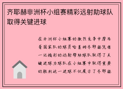 齐耶赫非洲杯小组赛精彩远射助球队取得关键进球