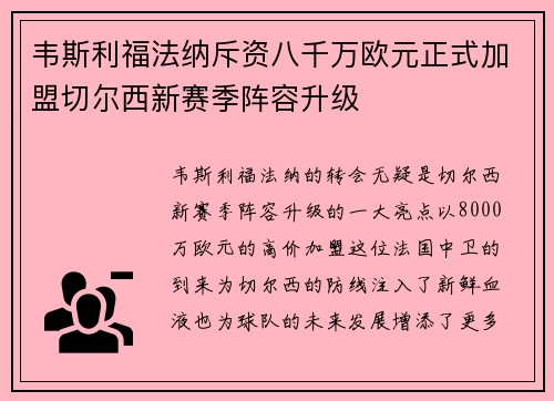 韦斯利福法纳斥资八千万欧元正式加盟切尔西新赛季阵容升级